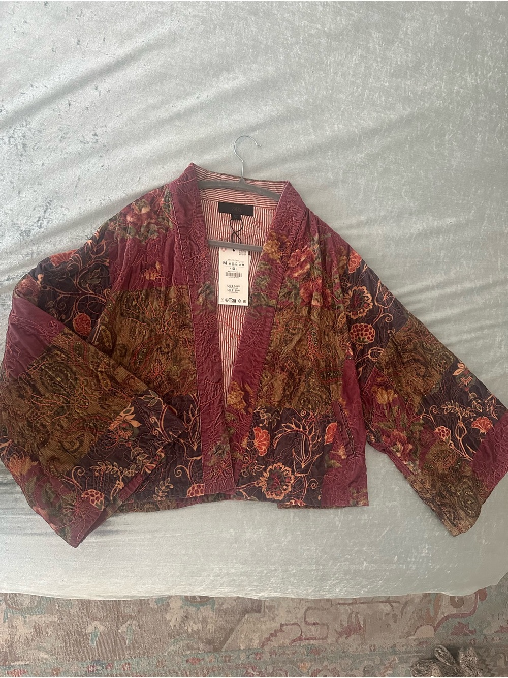 Zara NWT Burgundy Floral Patchwork Kimono Jacket